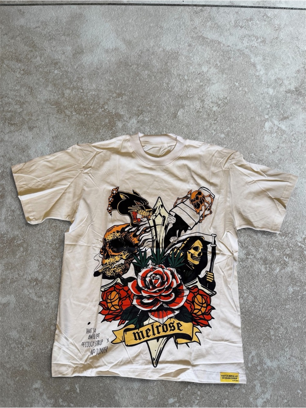 Awful Lot Of Cough Syrup x Melrose No Jumper tee- Size Small